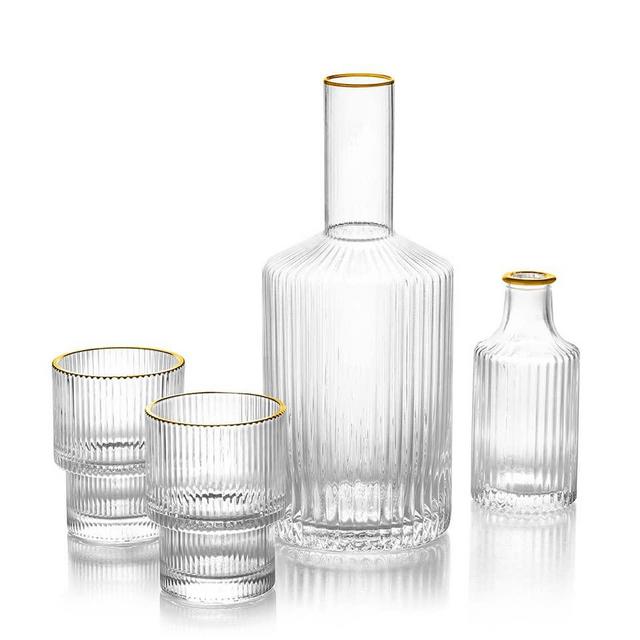 Harmony Home 4 Piece Elegant Hand Crafted Glass Bedside Water Carafe and Glass Set with Gold Trim and Bonus Bud Vase for Nightstand. Keep This Stunning Set Table Side To Pour A Glass Of Water/Hydrate