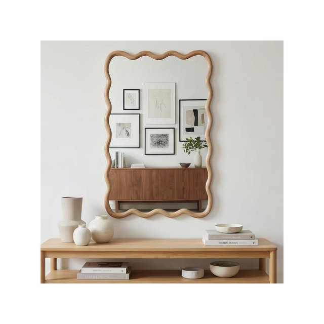 20" x 30" Wall Mirror with Natural Solid Wood Frame, Wavy Rectangle Decorative Mirror for Bathroom, Bedroom, Living Room, Entryway-Panipeachy