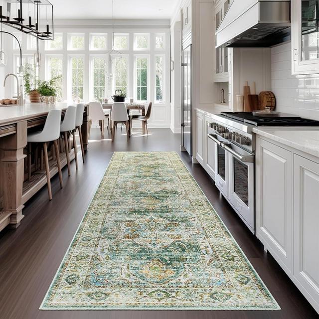 Madane Runner Rug 2x8, Washable Hallway Runner Rugs, Non-Slip Low-Pile Soft Kitchen Rug Runner Laundry Room Rug, Vintage Throw Entry Foyer Mat for Entrance Living Room (Green, 2 x 8)