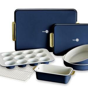 GreenPan Bakeware Set, 7 Piece Nonstick Ceramic Gold Handle Baking Sheets, Cake Pans, Loaf Pan, Muffin Tin, Cooling Rack, PFAS & BPA Free, Freezer to Oven Dish, Bake & Roast Ovenware, Oxford Blue