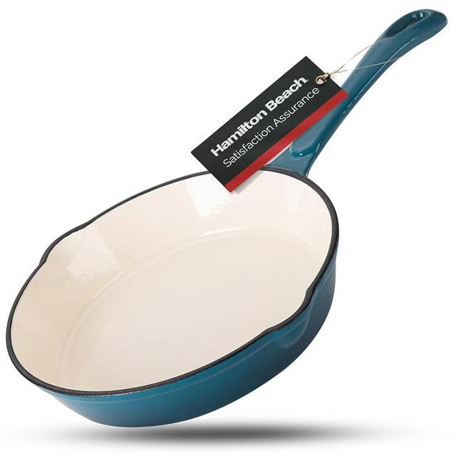 Hamilton Beach Enameled Cast Iron Fry Pan 10-Inch Navy, Cream Enamel coating, Skillet Pan For Stove top and Oven, Even Heat Distribution, Safe Up to 400 Degrees, Durable