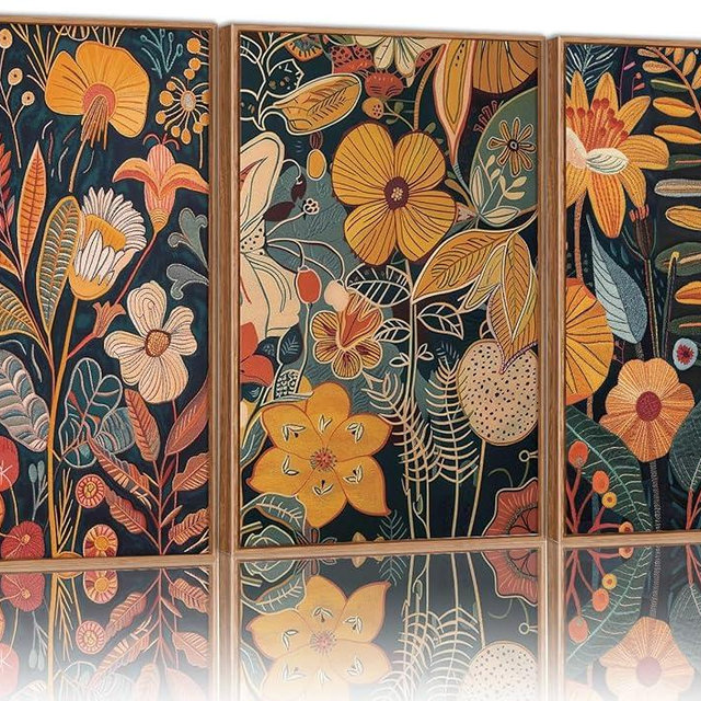 SIGNINART Orange Floral Framed Canvas Wall Art Set of 3, Mid Century Modern Flower Wall Decor, Neutral Plant Artwork, Boho Botanical Art Prints for Bedroom Living Room Office 16"x24"x3