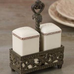 GG COLLECTION Acanthus Salt & Pepper Shaker Set Cream W/ Brown Metal Base