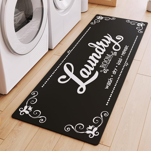 XLHOMO Non-Slip Laundry Room Rug, 17.7"x45" Black Laundry Mat, Washable Farmhouse Runner for Laundry Room, Kitchen, Bathroom & Entryway