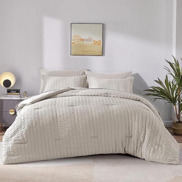 CozyLux King Seersucker Comforter Set with Sheets Beige Bed in a Bag 7-Pieces All Season Bedding Sets with Comforter, Pillow Sham, Flat Sheet, Fitted Sheet, Pillowcase