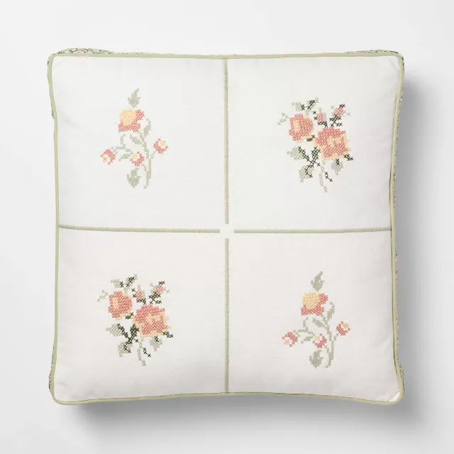 Square Cross-Stitched Floral Pillow with Printed Green/Pink - Threshold™ designed with Studio McGee