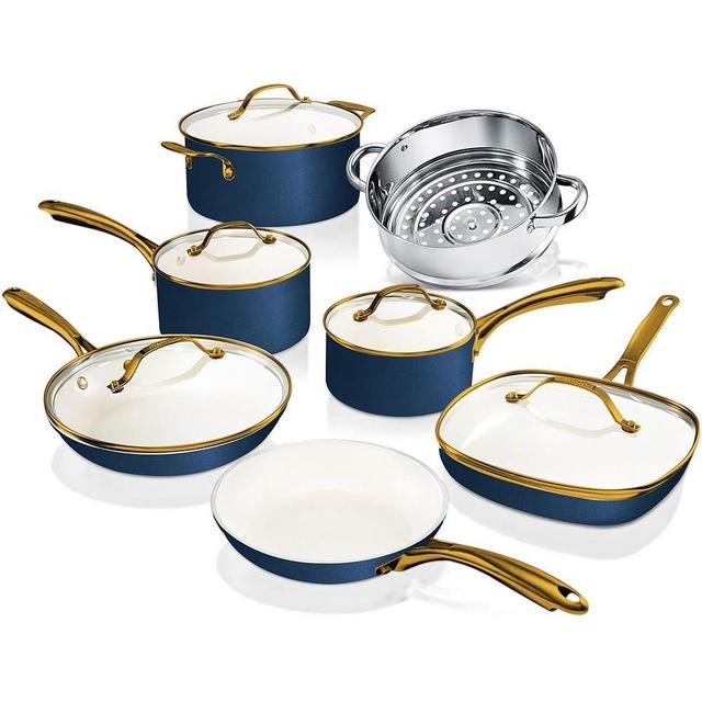 Gotham Steel 12 Pc Ceramic Pots and Pans Set Non Stick, Kitchen Cookware Sets, Pot and Pan Set, Ceramic Cookware Set, Non Toxic Cookware Set, Non Stick Pots and Pan Set, Dishwasher Safe - Cream Navy