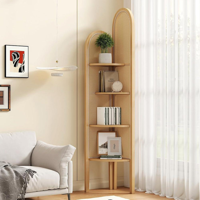 Saylike 4 Tier Corner Shelf Stand, Solid Wood Boho Rattan Shelves with Wicker Weave for Bedroom Living Room, Tall Fan-Shaped Corner Bookshelf (Natural)
