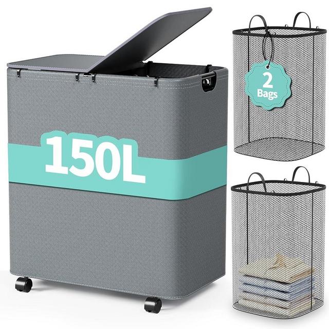 Yecaye 150L Laundry Hamper with Wheels, Rolling Laundry Basket with Lid and 2 Removable Laundry Bag, Large Capacity Clothes Hampers for Laundry, Bedroom, Bathroom, Dorm, Laundry Room, Grey