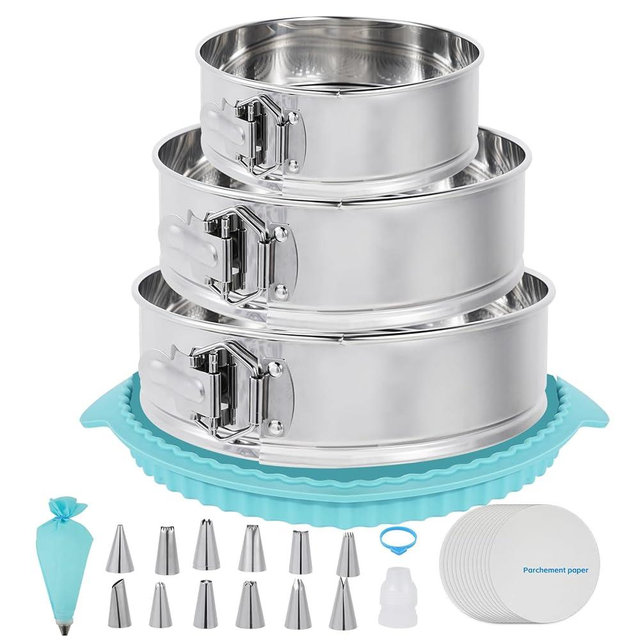 Aufind Springform Pan Set for Baking (7,9,10inches), 304 Stainless Steel Springform Cake Pan with Removable Bottom, Cheesecake Pan with 50PCS Parchment Paper for Pie Cake Pizza and Quiches