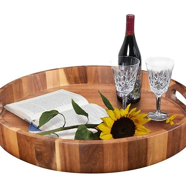 Round Wooden Serving Tray with Handles, 15¾" Large Diameter Wood Serving Trays for Ottoman, Rustic Acacia Circle Tray for Eating, Entertaining, Decorating and Organizing