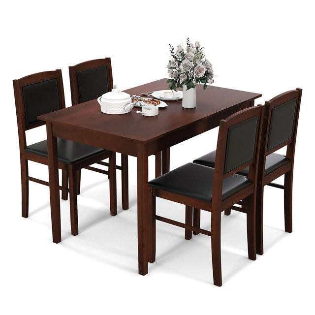 Costway 5 PCS Dining Table Set for 4 w/Rubber Wood Legs Upholstered Seat Padded Backrest Brown