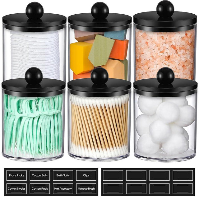 6 Pack Acrylic Qtip Holder Dispenser for Cotton Swabs, Balls, Pads, Floss - Plastic Canister Apothecary Jar Set, Bathroom Essentials Accessories Decor Vanity Makeup Storage Organizer - Clear & Black
