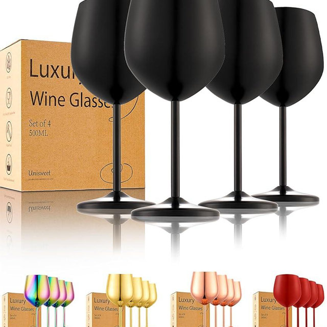 UNISWEET Stainless Steel Wine Glasses Set of 4 Unbreakable Wine Glass 18 oz Unique Metal Wine Goblets for Outdoor, Travel, Camping, Pool, Ideal Gift for Wine Lovers (Matte-Black)