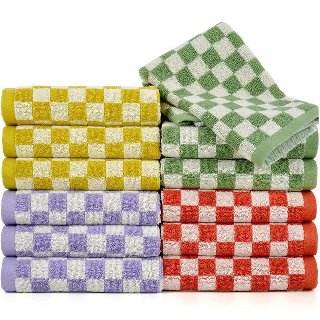 Bathroom Face Towels Washcloths 12 Pack 4 Colors for All Family Members, Soft Cotton Terry Wash Cloth for Showering 13"x13", Checkered