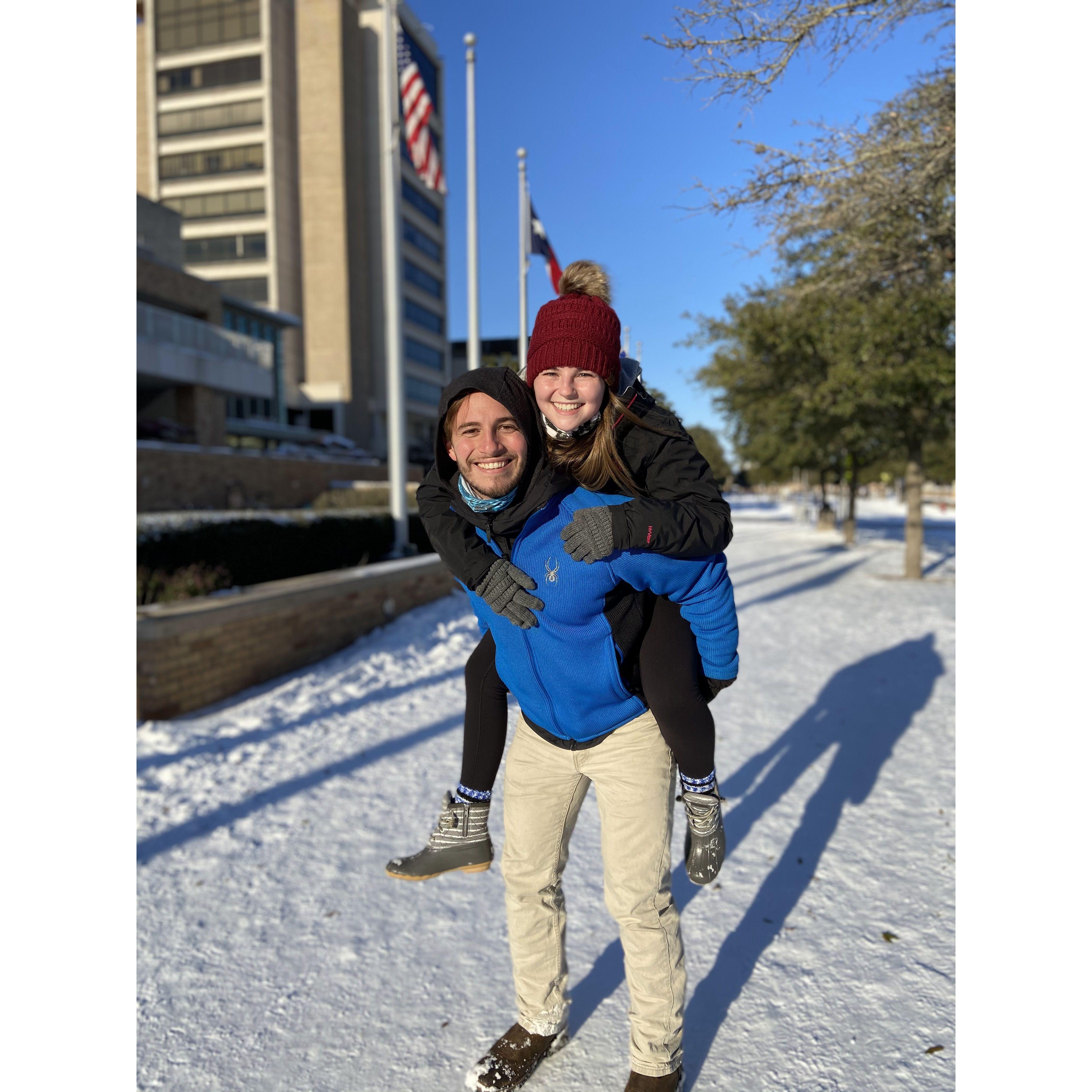 Our first picture together! During the snowstorm of February 2021 we accidentally moved in together for 2 weeks because of power outages!