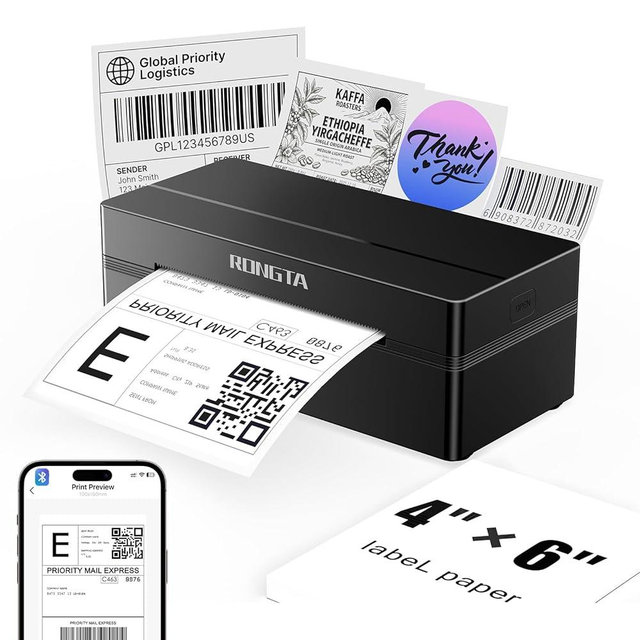 Rongta Bluetooth Shipping Label Printer, Wireless 4x6 Thermal Label Printer for Shipping Packages, Support Android, iPhone, Widely Used for Amazon, Ebay, Shopify, Etsy, UPS, Black
