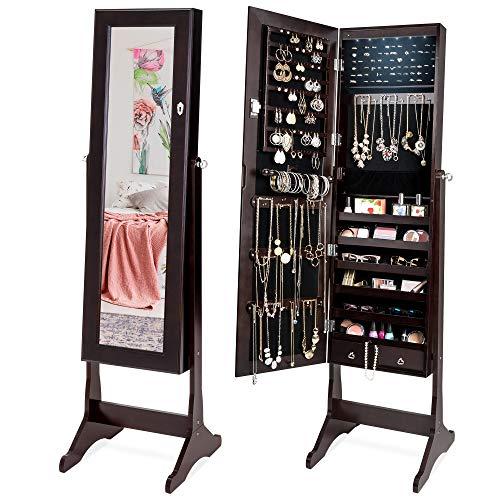 Best Choice Products 6-Tier Full Length Standing Mirrored Lockable Jewelry Storage Organizer Cabinet Armoire w/ 6 LED Interior Lights, 3 Angle Adjustments, Velvet Lining, Espresso