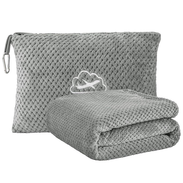 BEDELITE Travel Blanket Airplane Compact with Bag, Portable and Packable 2 in 1 Jacquard Travel Pillow and Blanket Set, Airplane Blanket Travel Essentials with Luggage Sleeve & Backpack Clip, Grey