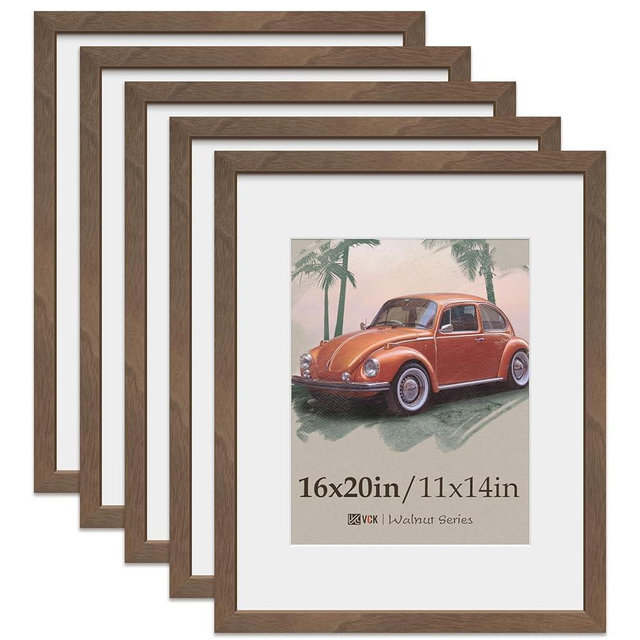 VCK 16x20 Picture Frame 5 Pack, Natural Wood Grain Brown Walnut & HD Glass, Display 11x14 Poster with Mat or 16x20 without Mat, Wall Hanging