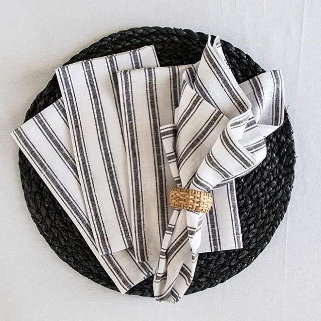 Solino Home Linen Stripe Dinner Napkins – Black and White Set of 4, 20 x 20 Inch, Capri Ticking Stripe Linen Napkins – Handcrafted with 100% Pure Linen European Flax