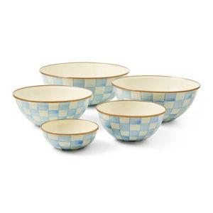 MACKENZIE-CHILDS Enamel Everyday Bowl, Serving Bowl for Entertaining, Small, Light-Blue-and-White Sky Check