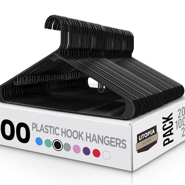 Utopia Home Plastic Hangers 200 Pack - Clothes Hanger with Hooks - Durable & Space Saving (Black)