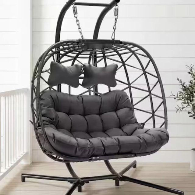 Large 2-Person Charcoal Gray Wicker Double Patio Swing Egg Chair with Black Stand and Gray Cushions