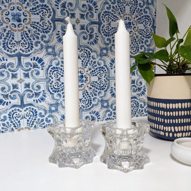 Pair of Matching Taper or Tealight Clear Faceted Glass Ball Feet Crystal Candlesticks Taper Candle Holder Matching Pair