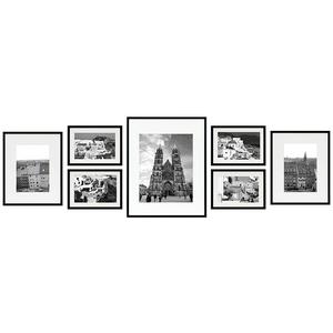 Golden State Art, Set of 7, Aluminum Black Photo Frame with Ivory Color Mat & Real Glass, Metal Wall Photo Frame Collection