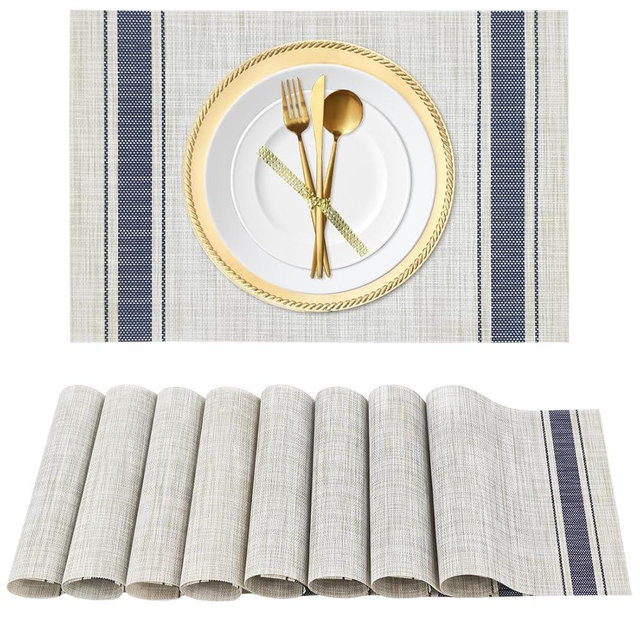 Placemats Set of 8 Heat Resistant Woven Place Mats for Kitchen Table Indoor/Outdoor Woven Vinyl Washable PlaceMat Wipeable Dining Table Mats (Set of 8, Navy & Beige)
