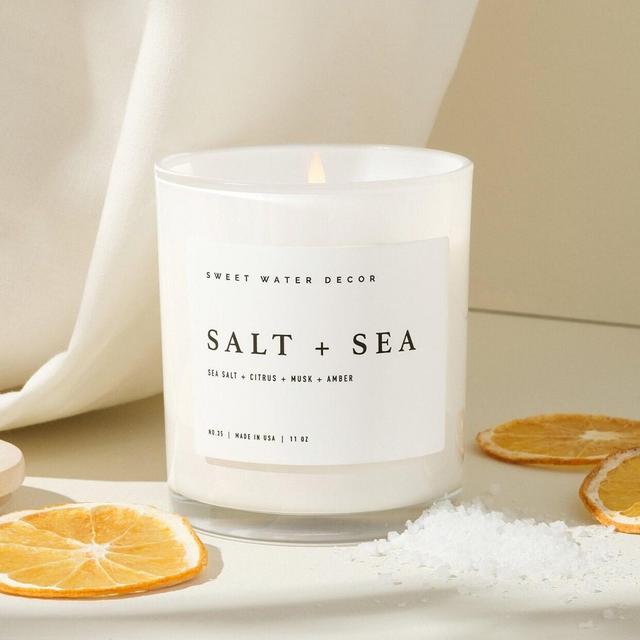 Salt + Sea Soy Candle | White Jar + Wood Lid | Beachy Scented Candle | Relaxing Spa Candle | Beach Scented Candle | Stress Relief Candle