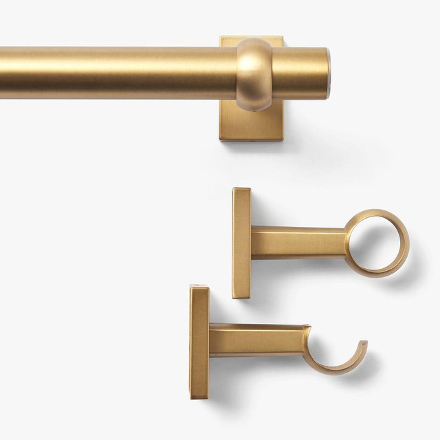 Standard Curtain Rod & Wall Bracket, Brass, 28" - 48", 1.25" Diam.