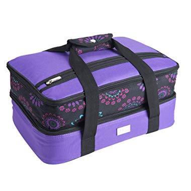 Pursetti Casserole Carrier - Expandable Insulated Bag Perfect as Lasagna & Pie Carrier for Potluck, Family and Holiday Parties (Purple w/Purple Circle Accent)