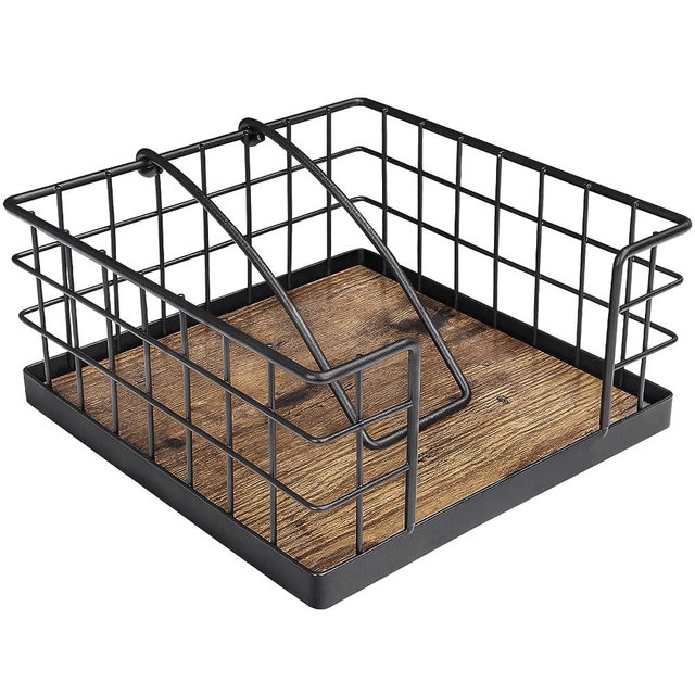 Homode Napkin Holder for Table, Farmhouse Napkin Holders for Paper Napkins, Flat Napkin Basket with Weighted Arm, Wood Kitchen Napkin Dispenser, Rustic Brown and Black