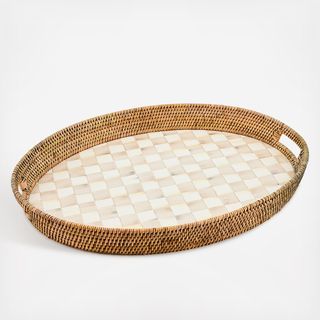 Mocha Check Enamel & Rattan Party Tray