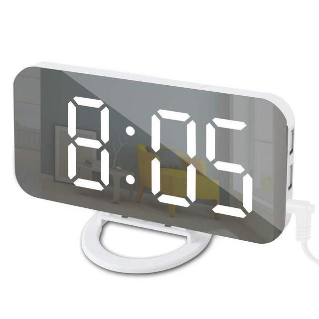 GLOUE Alarm Clock with USB Charger, Digital Alarm Clocks for Bedrooms, Large Mirror Surface, Easy Snooze Function, Dimming Mode Auto/Manual Adjustable Brightness Bedside Alarm Clocks (White/White)