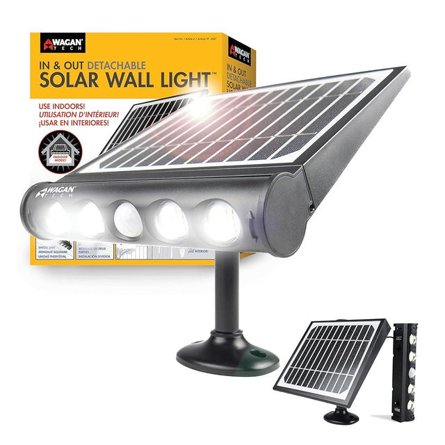 Wagan EL8567 1000 Lumen LED in and Out Solar Wall Light Flood Light Solar Panel Detachable Motion Sensor Waterproof Weatherproof Dusk to Dawn Light for Outdoor Garden Yard Path Parking Lot