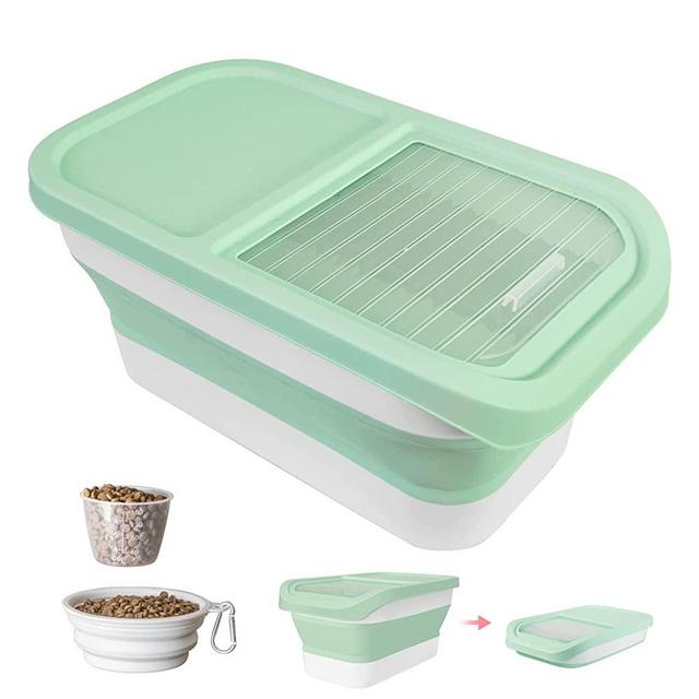 DDMOMMY Collapsible Dog Food Storage Container, 10-13 Lb Large Pet Cat Food Containers Bin With Lids, Foldable Kitchen Cereal Rice Storage Bin With Measuring Cup And Silicone Bowl, Green With White.