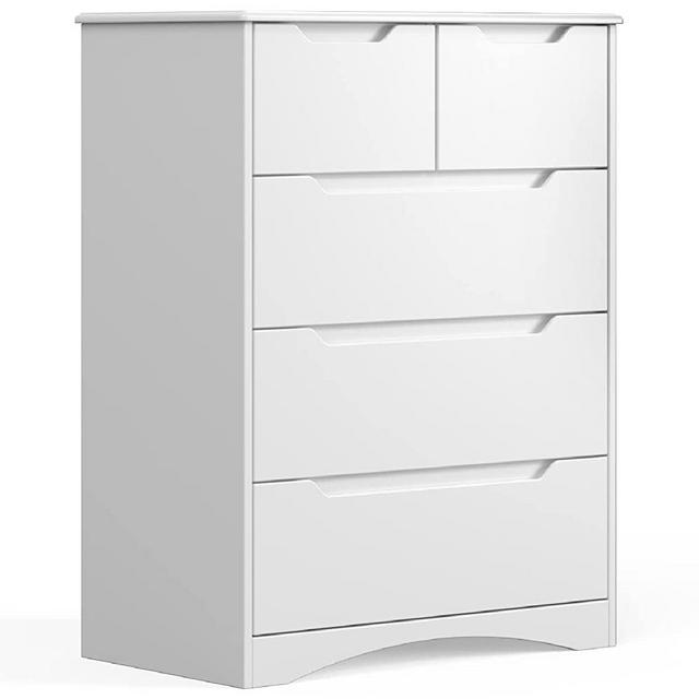 Gizoon 5 Drawers Chest, White Bedroom Drawer Dresser and Organizer with Large Storage Capacity, Embedded Handle, and Sturdy Anti-tripping Device, Modern Design Cabinet for Hallway, Office, Living Room