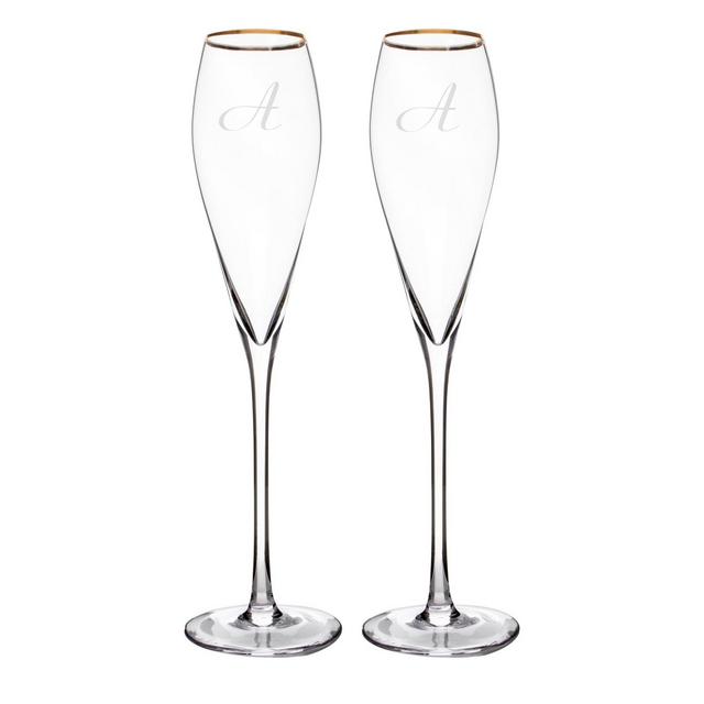 2ct "A" Monogram Champagne Flutes Gold Rim