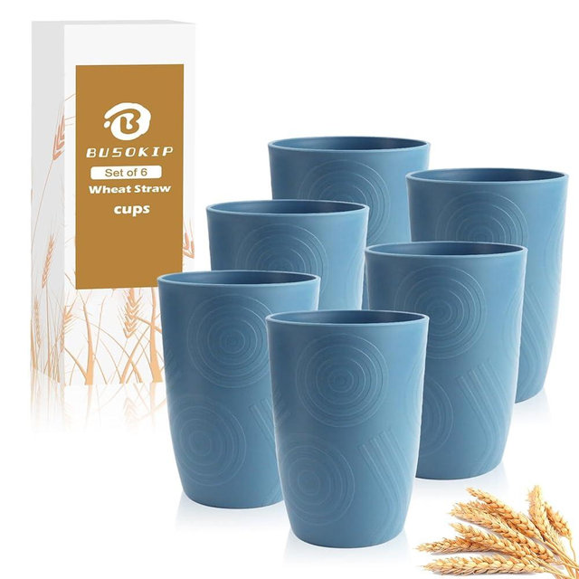 BUSOKIP Drinking Glasses Wheat Straw Cups Alternative to Plastic Cups 16 OZ - Unbreakable Cup Set of 6 Reusable Drinking Cup Plastic Glasses Tumbler Dishwasher Safe Cups for Kitchen - Blue