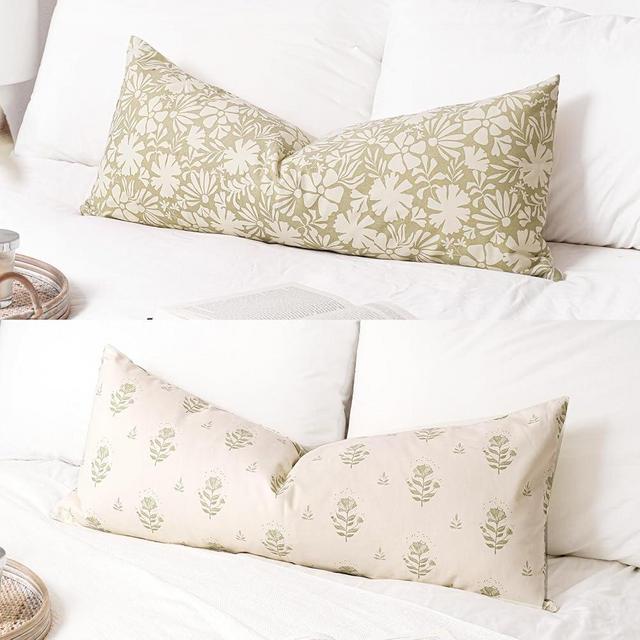 SageSelvas Light GreenFarmhouse Decorative Throw Pillow Cover 14X36, Accent Lumbar Throw Pillow for Bed, Floral Cotton Pillowcase for Couch Sofa Living Room, 1PC