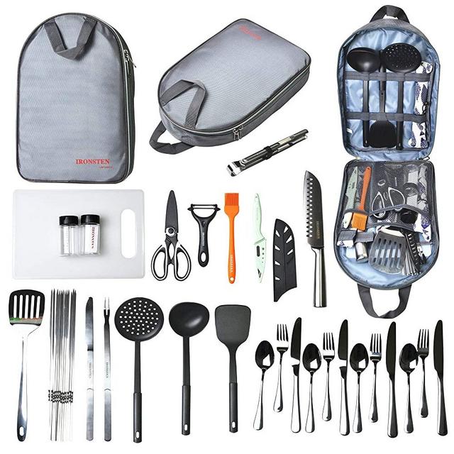 Ironsten Camping Cooking Utensils Set Camp Kitchen Equipment Portable Picnic Cookware Kit Bag Campfire Grill Utensil Gear Essentials Gadgets Accessories for RV Car, Tent Campers, Outdoor Picnics BBQ