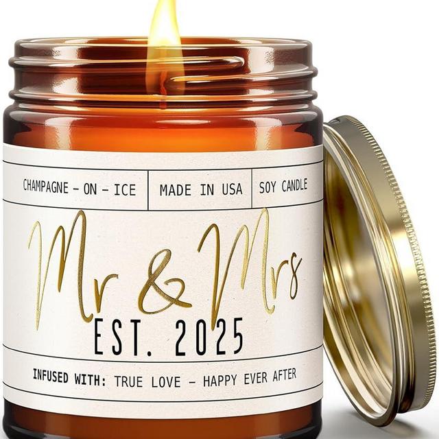 Wedding Gifts for Couples 2025, Mr and Mrs Gifts - 'Mr & Mrs Est. 2025' Candle, w/Champagne on Ice I Unique Newlywed Wedding Gifts for Couple I Wedding Shower Gifts Bride & Groom I 50Hr Burn,USA Made