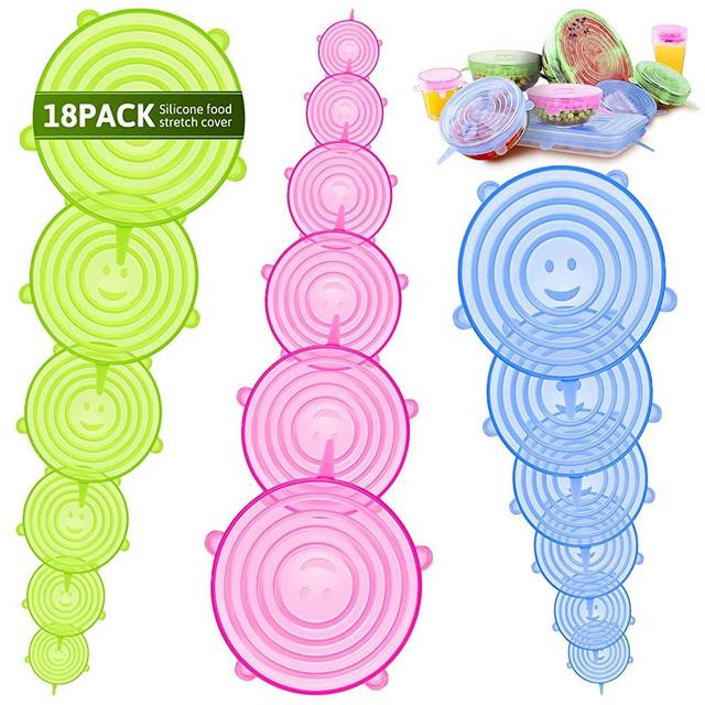 BFONS 18 Pack Silicone Stretch Lids, 6 Different Sizes Silicone Lids 100% Safe Food Grade Silicone to Meet Most Container, Microwave Cover for Food Storage, Silicone Can Cover, Silicone Bowl Covers