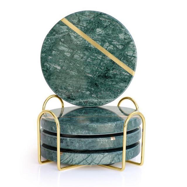 Schön Haus Solid Green Real Marble Coasters with Brass Inlay - Includes Gold Colored Metal Stand/Holder - Non Slip Felt Padded - Sealed Marble, Stain Resistant, Non Absorbent - (Set of 4)