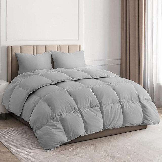 Queen Size, Light Gray Alternative Down Comforter - Warm, Lightweight, Luxury, & Breathable Hotel Quality Bedding Set - All Season Fluffy & Cozy Oversized Cooling Microfiber Duvet Insert Comforter