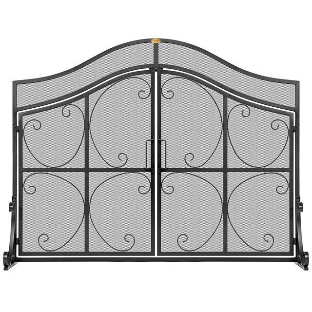 VIVOHOME 43.3 x 34 Inch Wrought Iron Fireplace Screen with Doors Metal Decorative Mesh Fire Spark Large Flat Guard Gate Cover Fireplace Barrier Panels Black