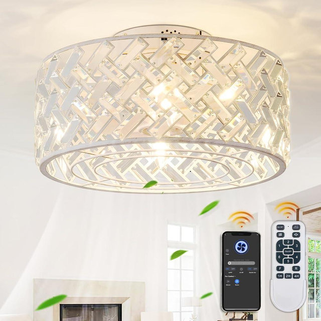 18 Inch Caged Ceiling Fans with Lights, Low Profile Ceiling Fan and Remote Fandelier Crystal Fan Light for Bedroom Living Room Dining Room Kitchen Indoor, Including Bulb (Rustic White, Crystal)